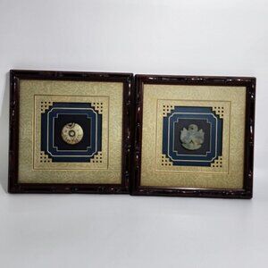 Framed Carved Jade Chinese Antique Art Featuring Round Pendant Double Fish Motif